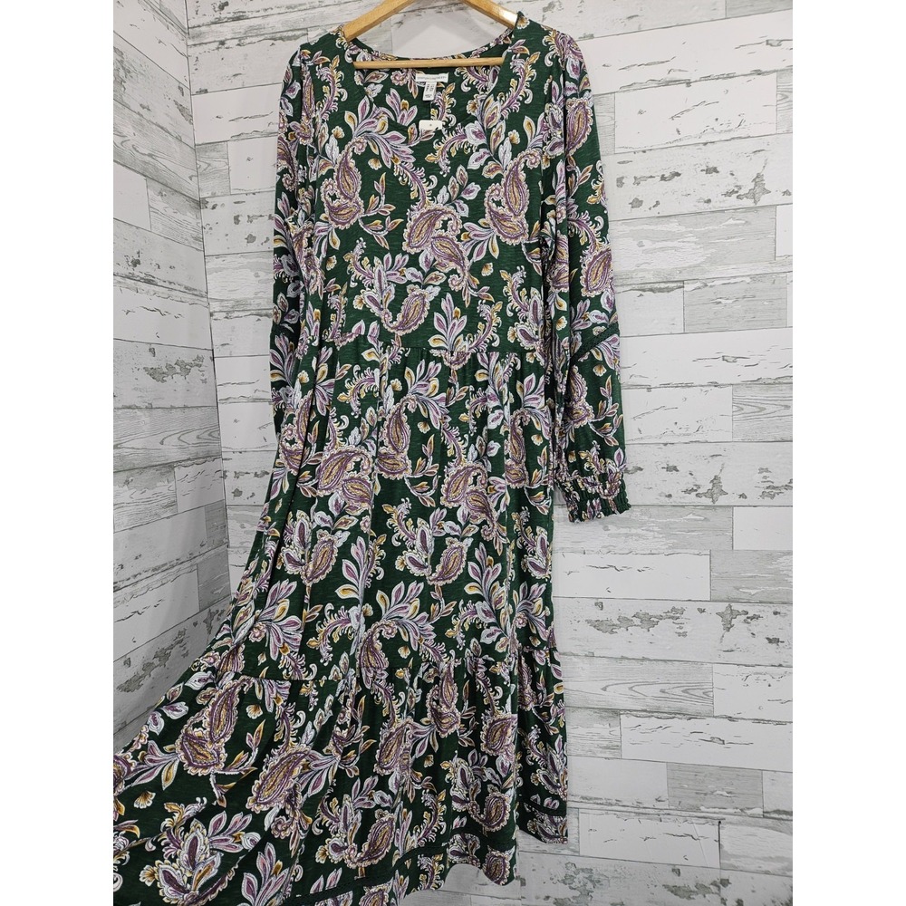 Canyon Retreat Womens Green Paisley Floral Tiered Midi Dress Long Sleeve LT